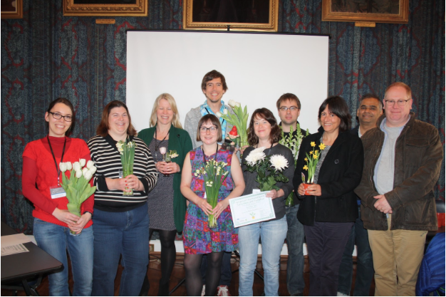 The award ceremony, from left to right: Katja Knecht, Pollie Barden, Danaë Stanton Fraser, Shauna Concannon (front), Jon Froehlich (back), Sophie McDonald, Dmitrijs Milajevs (back), Yvonne Rogers, Anirudha Joshi (back), and Michael Wilson